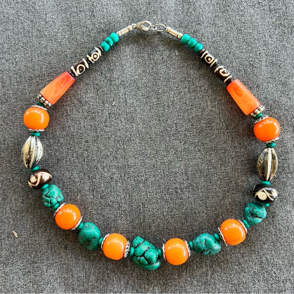 Orange and Turquoise Beaded Necklace